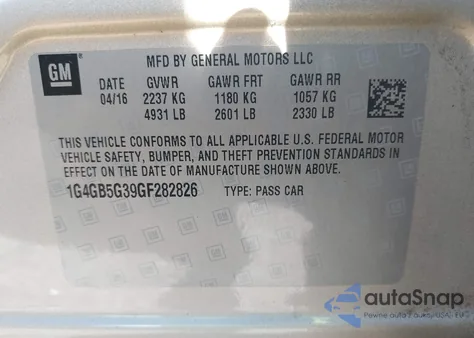 2016 Buick Lacrosse Leather z USA, uszkodzony, nr VIN 1G4GB5G39GF282826